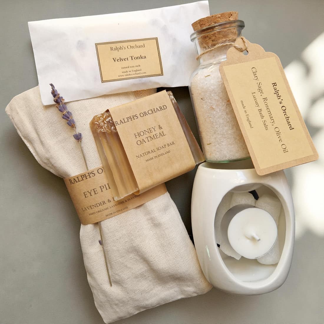 A thoughtful pampering gift set with soap, bath salts and a candle