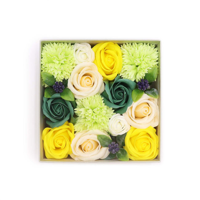 An open display of yellow, cream and green soap flowers