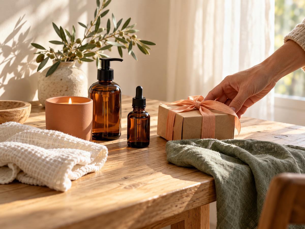 A thoughtful collection of everyday care, a candle and a small gift on a sunlit table
